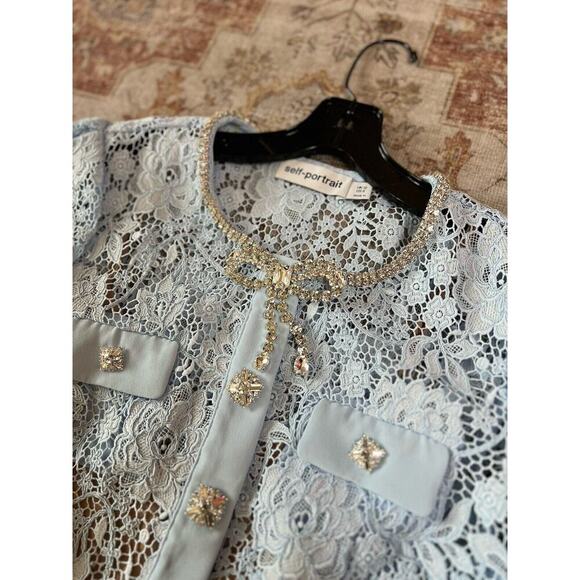 Self Portrait Blue Lace Diamante Bow Mini Dress Womens US Size 8 NWT - Picture 3 of 13